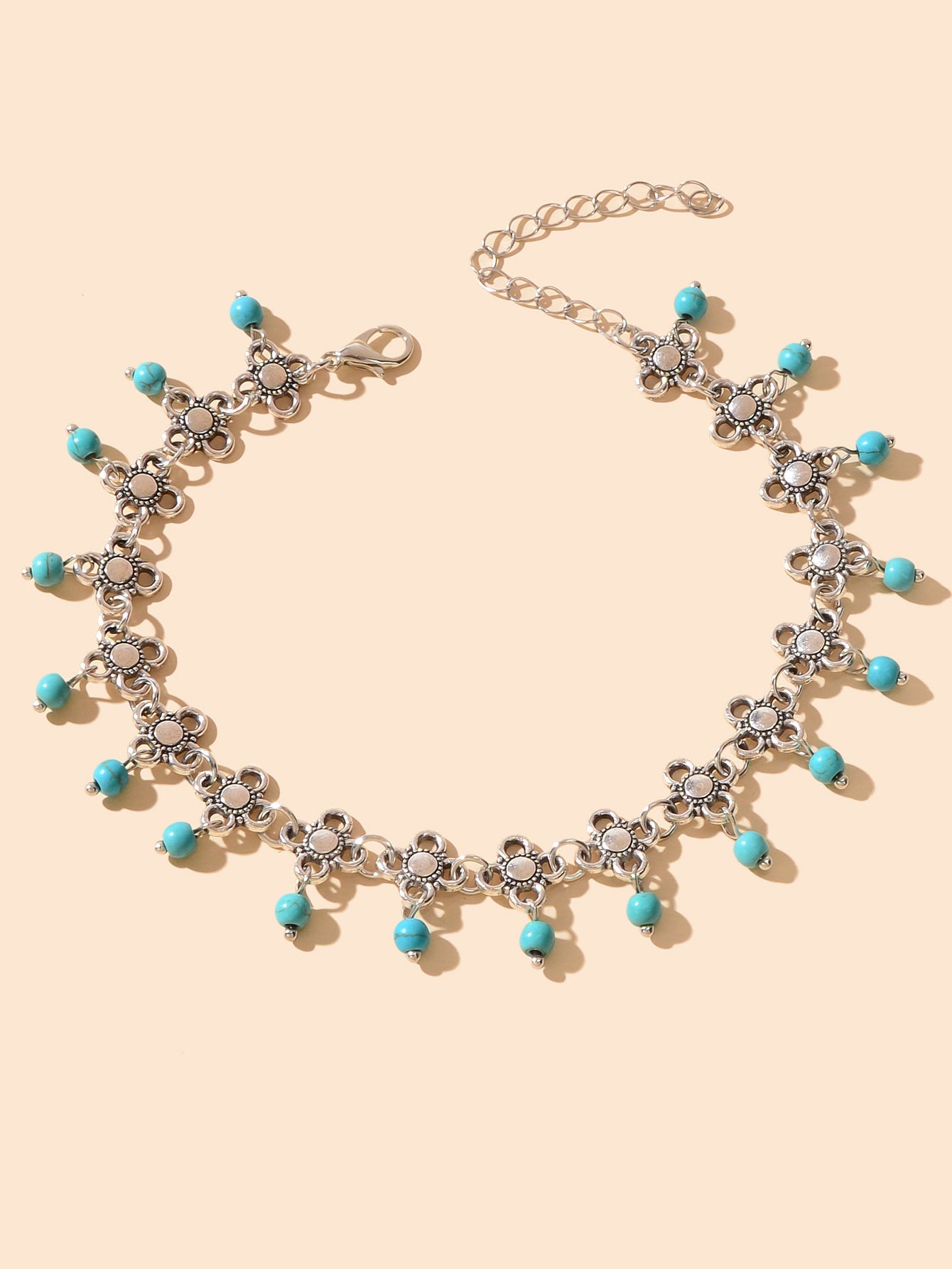 Ethnic Boho Chic Antique Silver Flower Turquoise Charm Beach Anklet Foot Jewelry-1