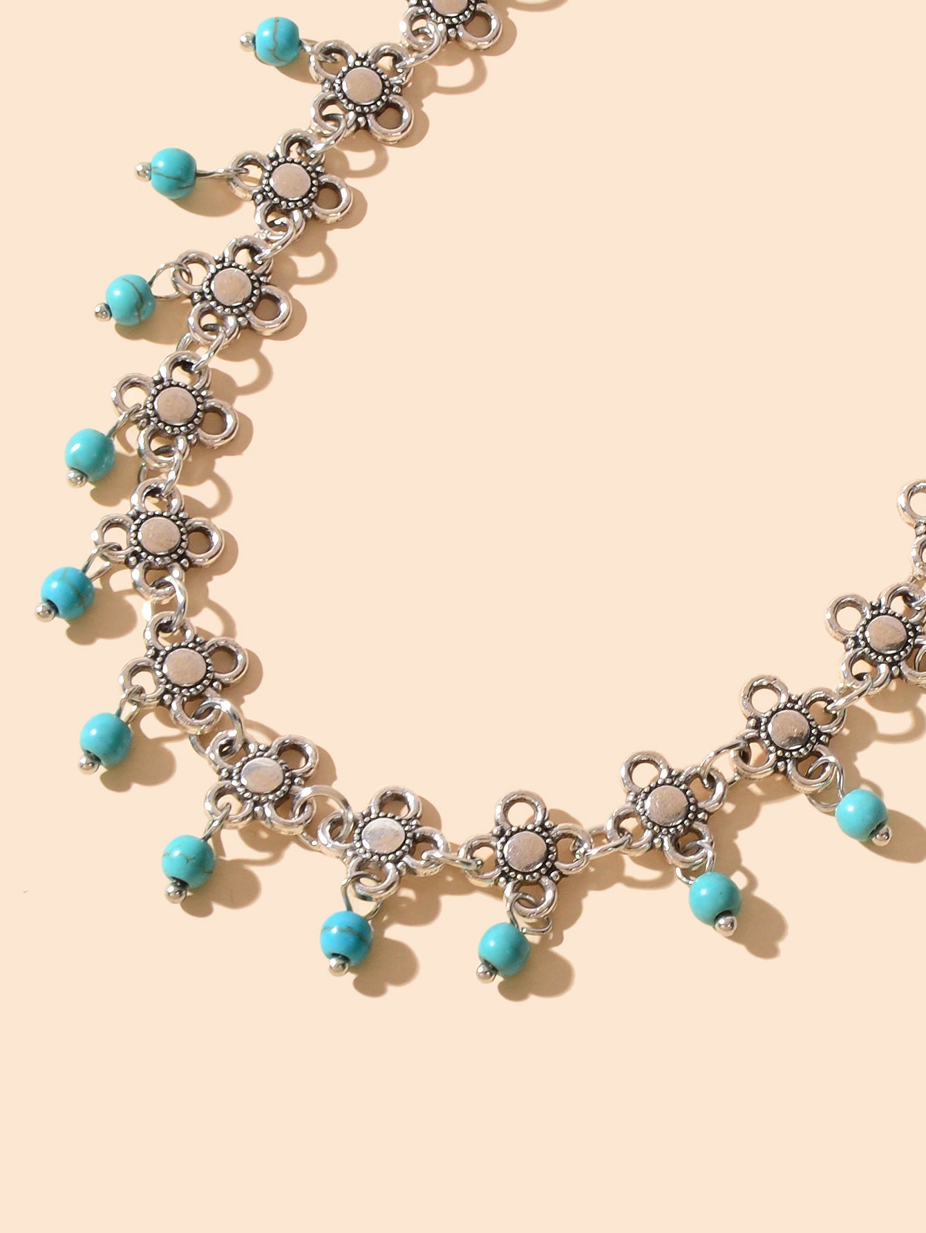 Ethnic Boho Chic Antique Silver Flower Turquoise Charm Beach Anklet Foot Jewelry-2