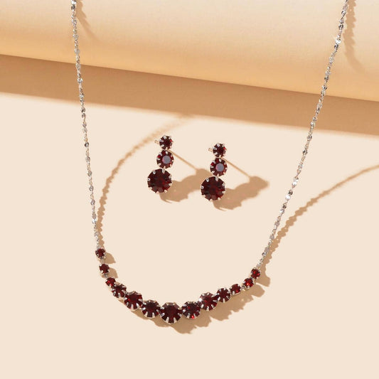 Burgundy Rhinestone Necklace and Winered Earrings Jewelry Set-0