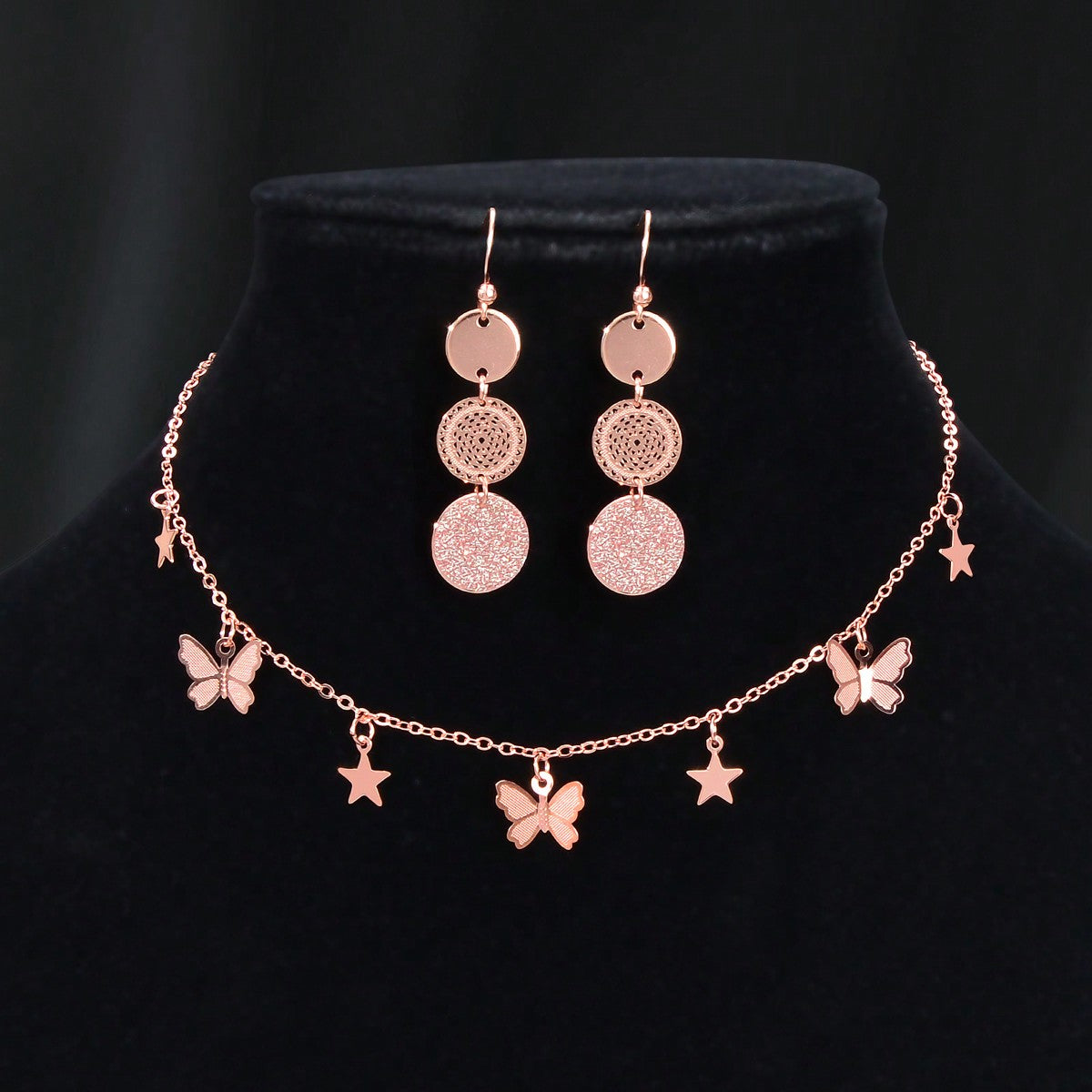 Black Butterfly Star Pendant Necklace Round Disc Earrings Elegant Jewellery Set-3