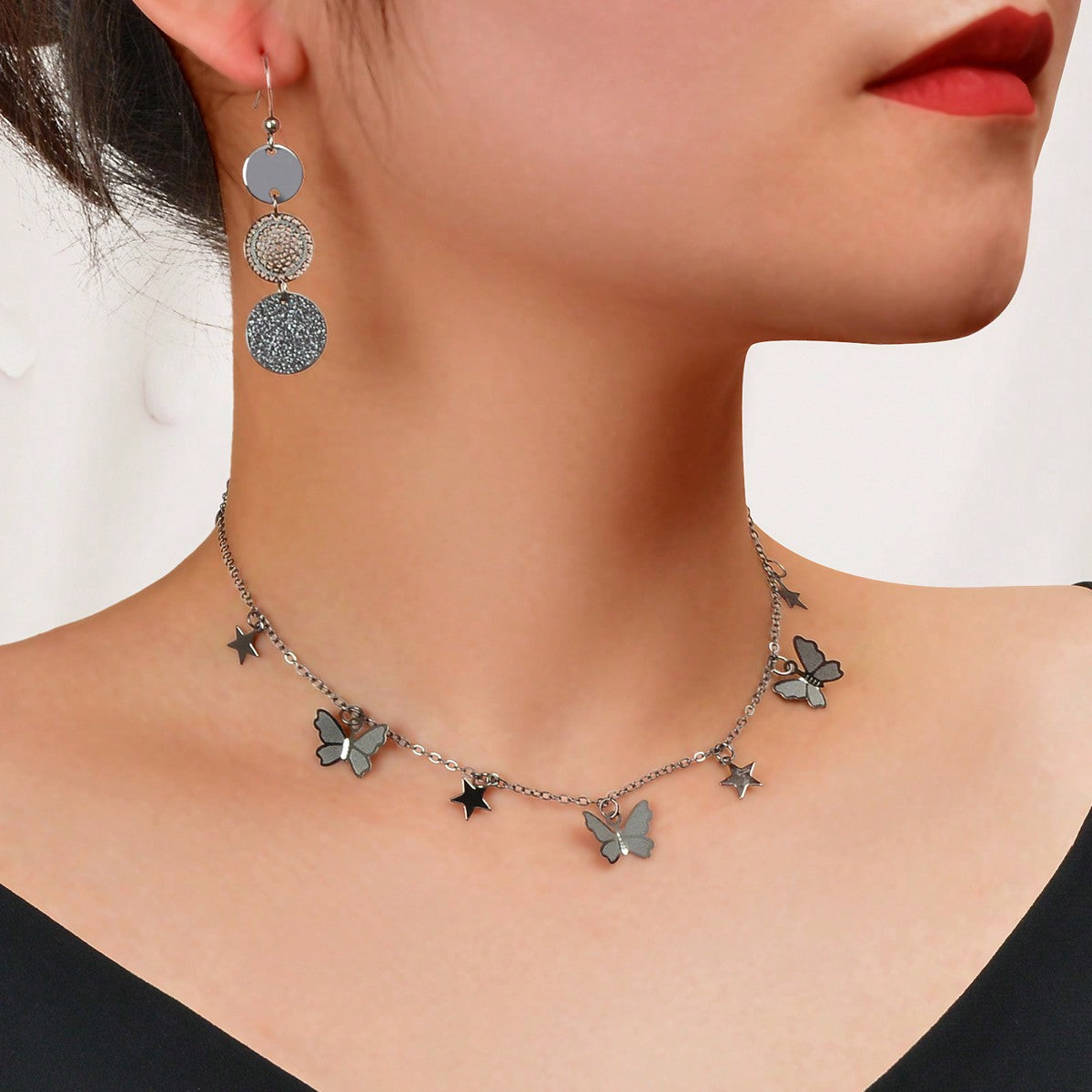 Black Butterfly Star Pendant Necklace Round Disc Earrings Elegant Jewellery Set-0