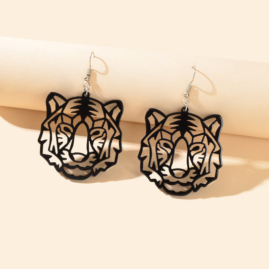 Hollow Black Acrylic Tiger Head Statement Dangle Earrings Women Punk Jewellery-0