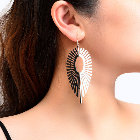 Designer Stylish Black White Hollow Geometric Dangle Earrings Party Decoration-0