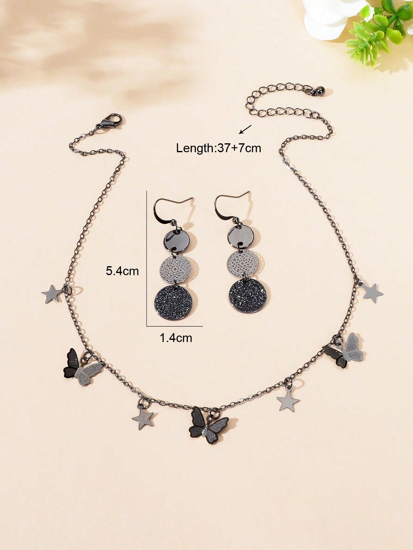 Black Butterfly Star Pendant Necklace Round Disc Earrings Elegant Jewellery Set-1