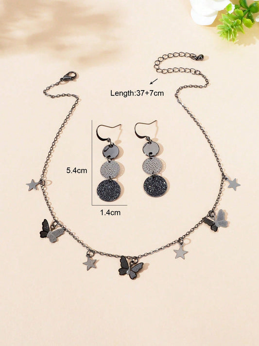 Black Butterfly Star Pendant Necklace Round Disc Earrings Elegant Jewellery Set-1