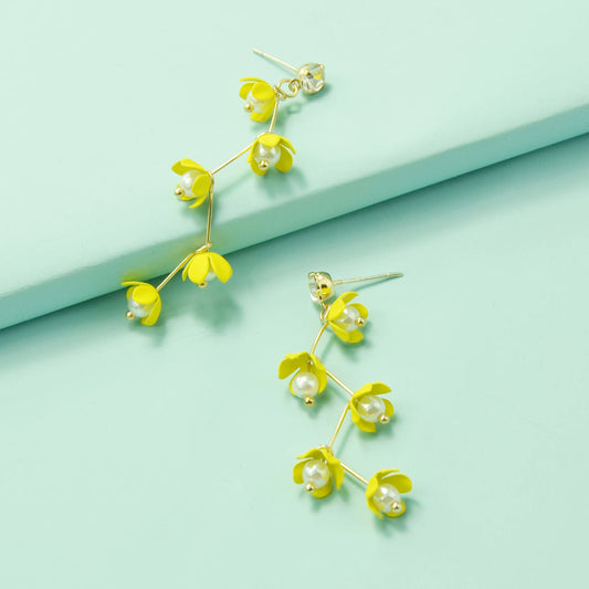 Exquisite Pearl Yellow Flower Dangle Pendant Earrings for Women Trendy Jewellery-0