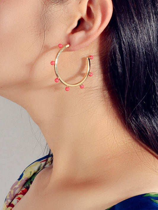 Designer Stylish Blue Hotpink Beads Silver Circle C Hoop Huggie Stud Earrings-0
