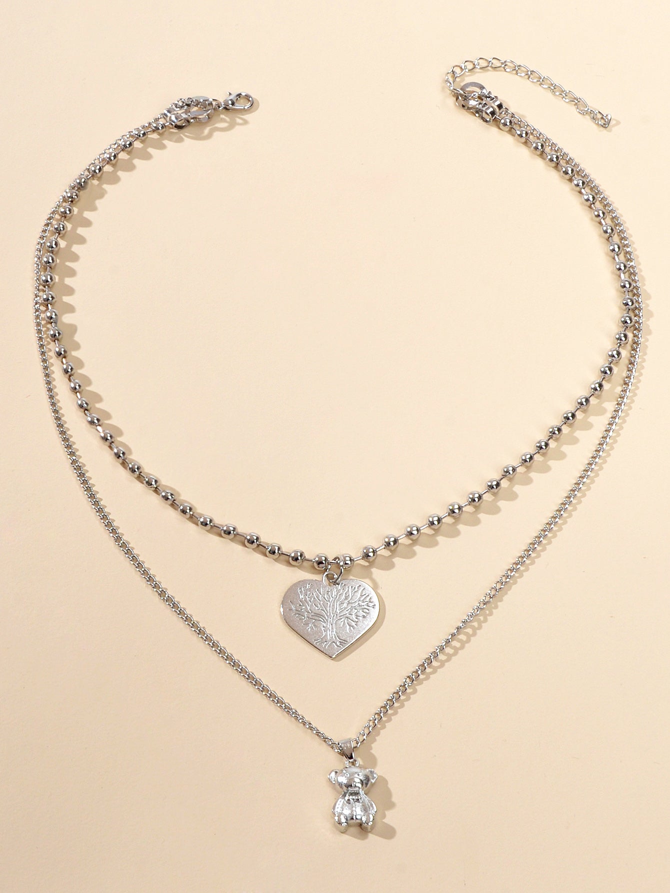 Statement Jewellery Popcorn Double layer Silver Chain Heart Bear Charm Necklace-1