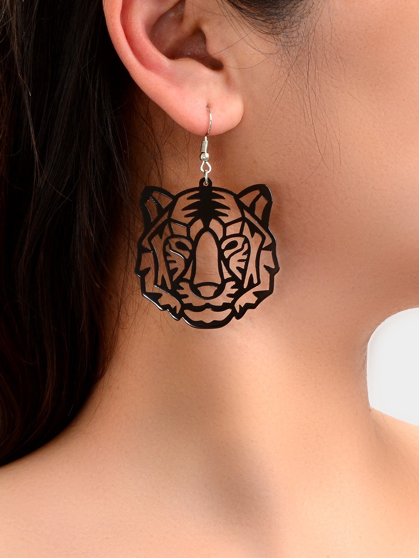 Hollow Black Acrylic Tiger Head Statement Dangle Earrings Women Punk Jewellery-1