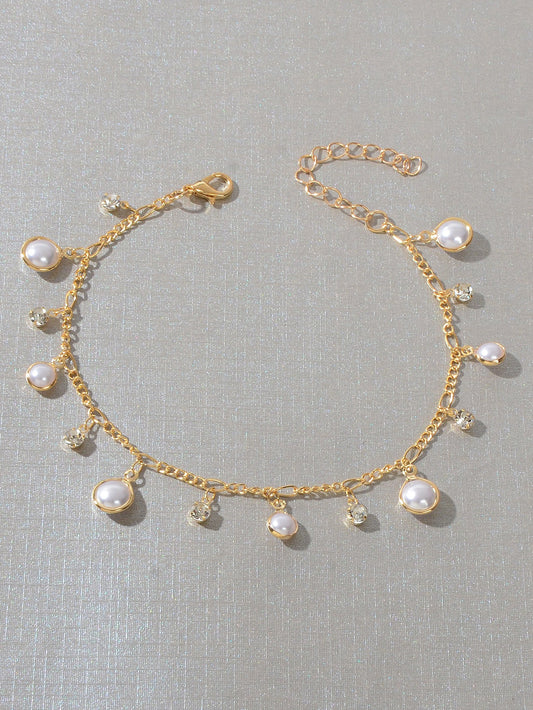 Boho Chic Pearl and Rhinestone Charm Gold Chain Anklet Adjustable Foot Jewellery-1