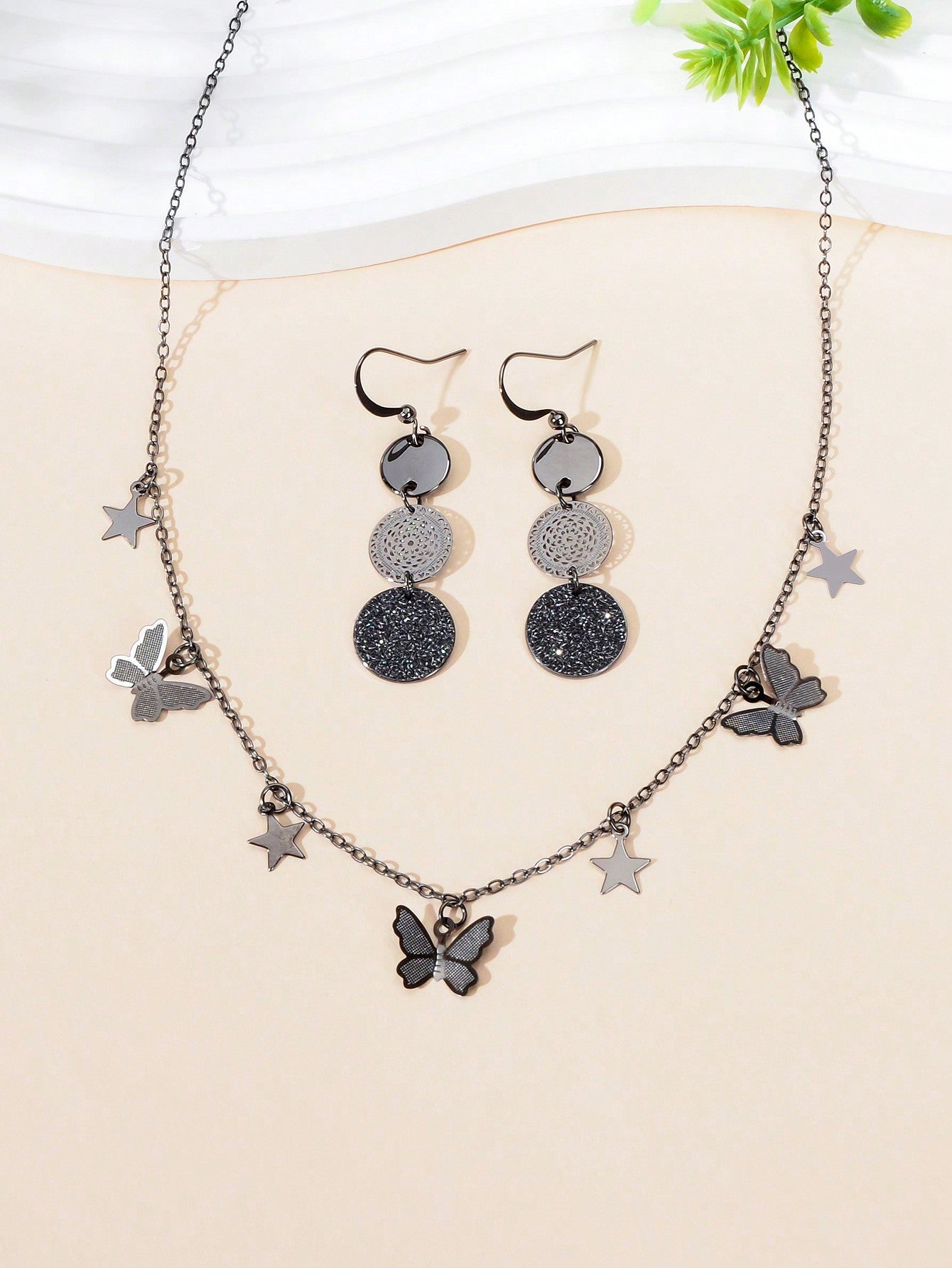 Black Butterfly Star Pendant Necklace Round Disc Earrings Elegant Jewellery Set-2