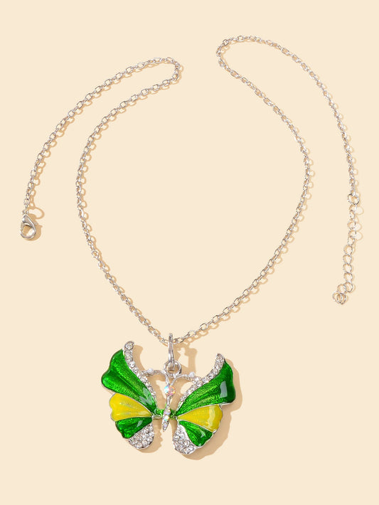 Boho Chic Silver Chain Rhinestone Blue Green Insect Butterfly Pendant Necklace-1