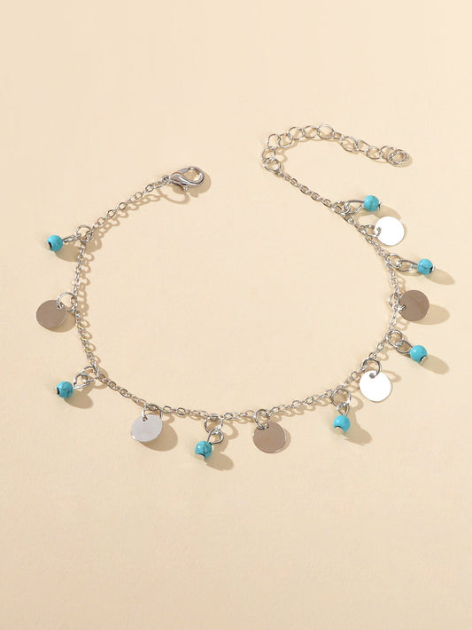 1pc Foot Beach Jewellery Silver Chain Disc Turquoise Charm Women Anklet Bracelet-1