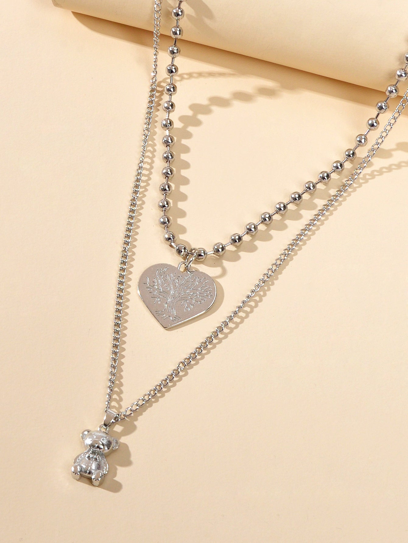Statement Jewellery Popcorn Double layer Silver Chain Heart Bear Charm Necklace-2